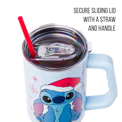 Image of Silver Buffalo Disney Lilo and Stitch Christmas Holiday Santa Hat and Snowflakes Double Walled Stainless Steel Tumbler with Handle and Straw, Fits in Standard Cup Holder, 40 Ounces