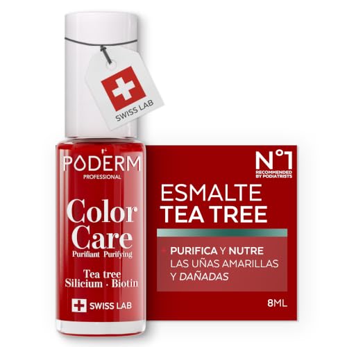 PODERM Esmalte de Uñas con Tea Tree - Rojo Cereza | 8 ML - Swiss Lab | Purifica, Aclara y Nutre Uñas Amarillas y Dañadas | Enriquecido con Té de Árbol, Silicio y Biotina | Creado por un Podólogo