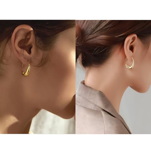Gold silver Hoop Earrings for Women Lightweight Teardrop 18K Gold Plated Large and Small Oval Pull Through Fluid Hoop Earrings Set, Chunky Gold silver Statement Dangle Drop Earrings3