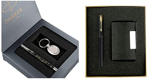 Image of Parker Vector Gift Set Spark Black Roller Ball Pen with Key Chain & Frontier Gold Trim Roller Ball Pen with Free Card Holder 2 Piece Set