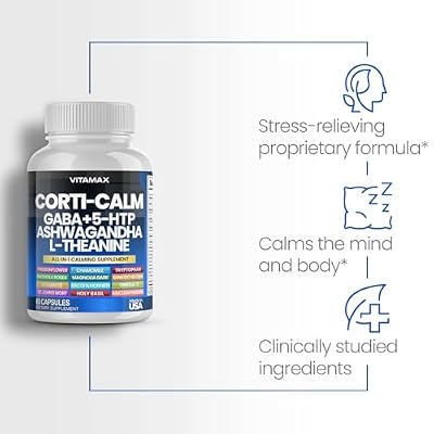 Corti-Calm Cortisol Supplement, L Theanine, Ashwagandha, Vitamin D 3, GABA for Relaxation, Fatigue & Focus with Ginkgo Biloba, Bacopa Monnieri, 5-HTP Non-GMO, Made in USA 60ct