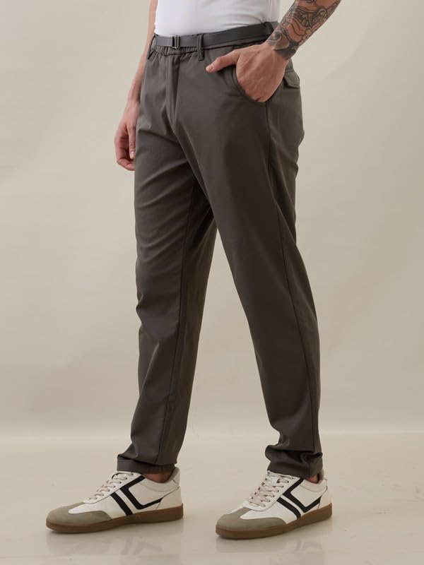 Image of Nostrum Men's Smart-Casual Tapered Trousers for Men, Charcoal, Cotton Corduroy, Mid Rise, Regular Slim Fit with Adjustable Belt, Side and Back Pockets, Casual Wea