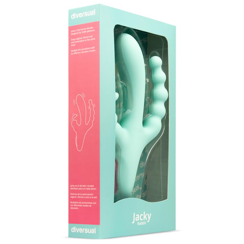 Jacky, Vibrador Triple, Estimulación Anal/Vaginal/Clítoris, Recargable USB, Silicona, 100% Sumergible (Azul)