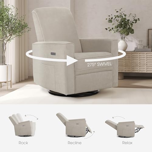 Image of Evolur Harlow Upholstered Power Glider Recliner with USB Charging - Rocking & 275 Swivel with Smooth Glide - Greenguard Gold & FSC Certified - Modern Nursery and Living Room Chair in Tan