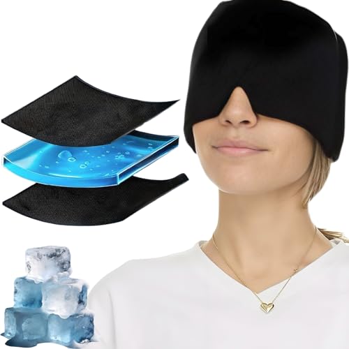 Double-Layer Gel Migraine Relief Ice Cap Enhanced Cooling Ice Pack Hat for Headache Relief Stretchable Migraine Cold Cap for Stress Relief Long-Lasting Ice Packs Migraine Cap with Eye Coverage