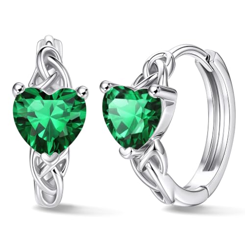 Bestyle 925 Sterling Silver Huggie Hoop Earrings Small Birthstone Earrings for Women May Emerald Earrings Celtic Knot Hoops for Birthday/Christmas/Party/Anniversary/Wedding
