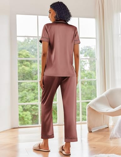 Image of Ekouaer 2 Piece Satin Short Sleeve Pajamas Set Button Down Sleepwear | Soft Pjs Set Classic Loungewear for Wedding, Party, Home, Daily Wear, Date Nights