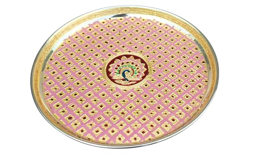 Best Puja Thali Sets: Stainless Steel vs Brass 38 Meenakari Stainless Steel Pooja Thali, 11 Inch, Pink Peacock