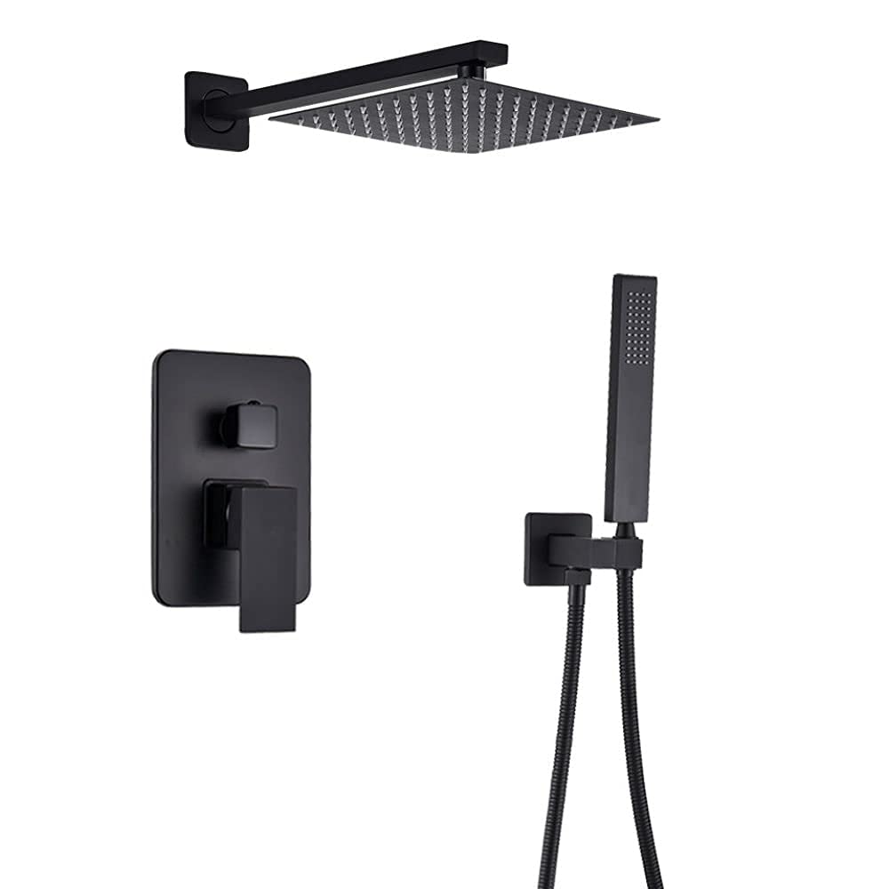 Mitigeur de douche noir mat avec grand pommeau effet pluie et douchette à main