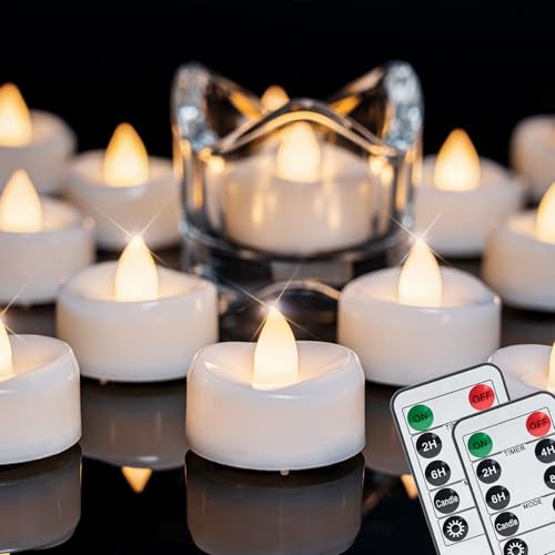 Image of merrynights 24Pcs Remote Control LED Tea Lights,2 /4 /6 /8H Timer,400+Hours | Flameless Tealight Candles Battery Operated with Timer,Flickering Votive Candles for Halloween Wedding Home,Warm White Light