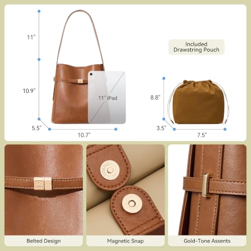 Image of BOSTANTEN Vegan Leather Purses for Women Quiet Luxury Shoulder Bucket Bag | Soft Luxury Tanned Leather, Include Drawstring Pouch, Front Belted Design, Fixed Wide Strap, for Everyday Office Weekend