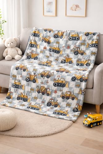 Soft Kids Construction Throw Blanket 50 x 70 Large Plush Fleece Yellow Bulldozer & Excavator Print on Sage Checkered Background Cozy Toddler & Boys Vehicle Blanket for Bed or Couch