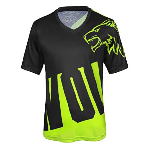 Wisdom Wolf Mens MTB Tops Bike Gym Sports Quick Dry Breathable Short Sleeve Mountain Bike Cycling Jerseys (Medium, Black green) Cover