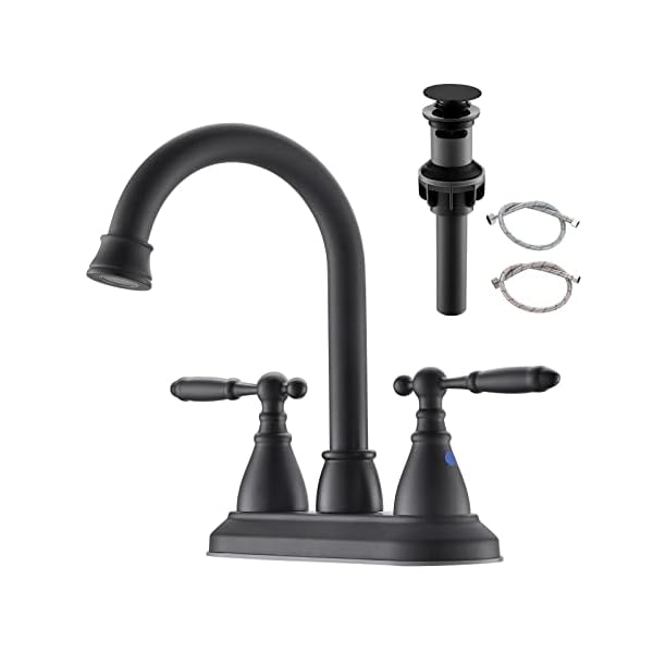 4 Inch Bathroom Sink Faucet Matte Black, 2 Handle Centerset Bathroom Faucets with Pop-up Drain Assembly, 360° Swivel Spout Black Bathroom Faucet with Water Supply Hoses 4 Inch Bathroom Sink Faucet Matte Black, 2 Handle Centerset Bathroom Faucets with Pop-up Drain Assembly, 360° Swivel Spout Black Bathroom Faucet with Water Supply Hoses