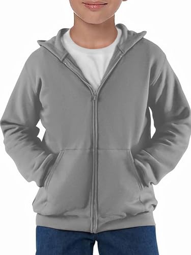 Haloumoning Sudadera chaqueta de manga larga con cremallera para niños, sudadera con capucha monocolor deportiva para niños, chaqueta básica casual con cremallera, gris, 9 10 años