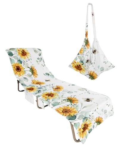 Sunflower Beach Lounge Chair Towel Cover, Soft Chaise Lounge Towel with Side Pockets Patio Pool Chairs Cover for Beach/Pool Sunbathing 29x85 Pastoral Eucalyptus Leaves Botanical Summer Bee