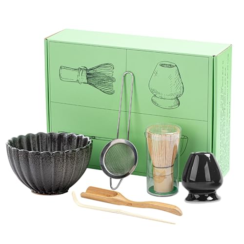 POWLAB 6Pcs/set matcha blender set bamboo tea brush teaspoon ceramic tea bowl tea stand matcha tool set dark gray