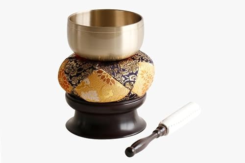仏具 モダン おりん 4点 セット ■ 京明輪 セラミック加工 仕上げ ■ すり漆 りん台 ■ 革巻黒塗 りん棒 りん布団