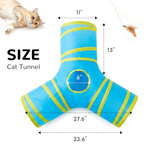 Image of Tempcore Cat Tunnel for Indoor Cats, 3 Way Collapsible Pet Play Tunnel with Teaser Wand, Peek Holes & Hanging Ball, Interactive Tube for Kittens & Rabbits, Blue & Yellow