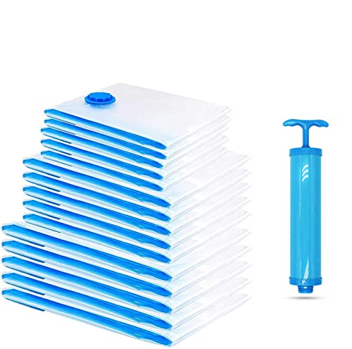 Sacs de Rangement Sous Vide Lot de 12 Sacs 2*130x100+ 2*100x80+ 4*80x60+ 4*60x40cm Housses de Rangement Sous Vide Voyages Réutilisables pour Matelas, housses de rangement sous vide avec pompe manuelle