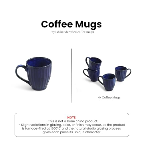 Image of ExclusiveLane 'Midnight Ribbed' Hand-Embossed Ceramic Coffee Mug Ceramic Mugs for Milk Chai Tea Cup (Set of 4, 260 ML, Microwave Safe)