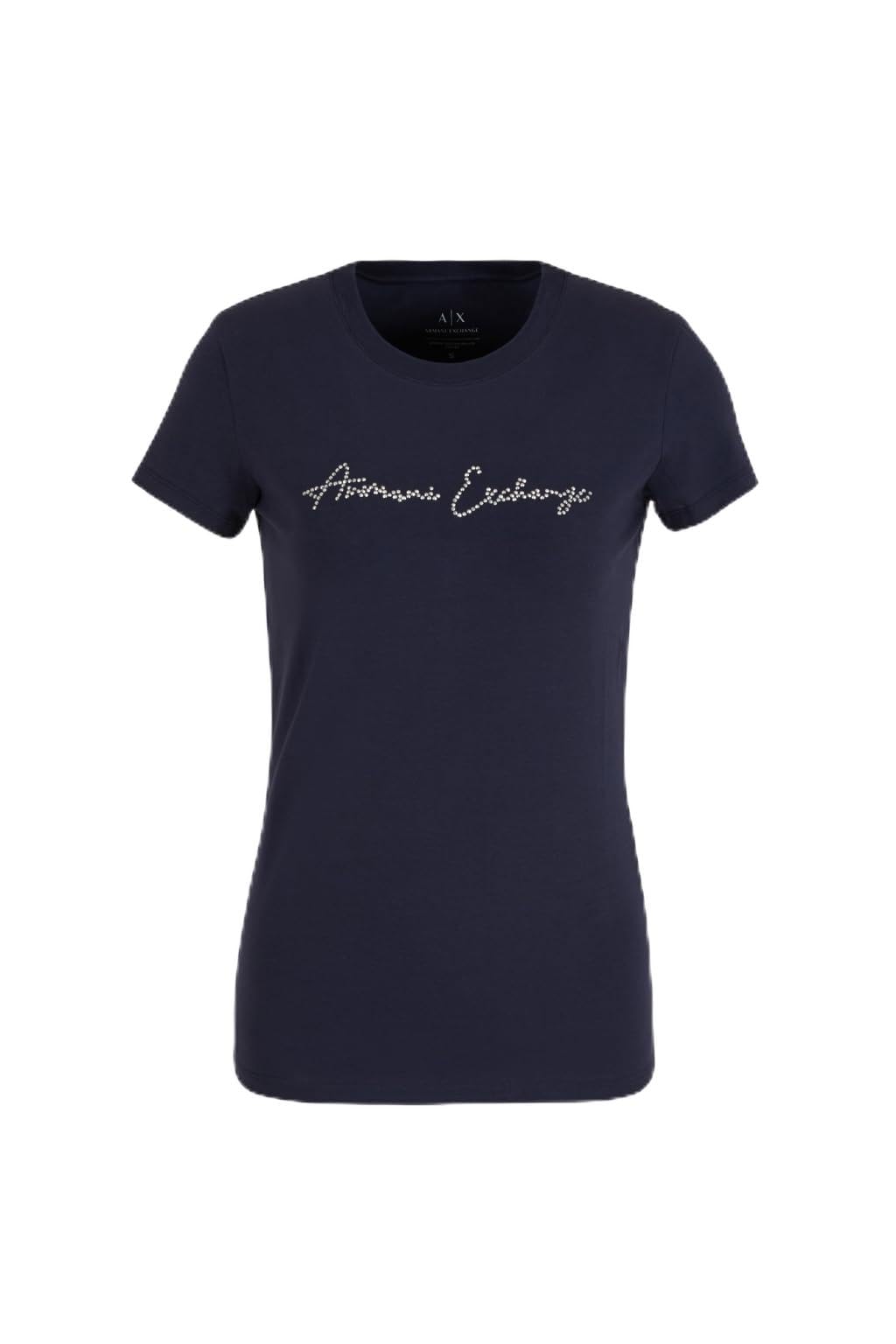 Armani Exchange Women's Rhinestone Script Logo Cotton Crewneck T-Shirt Blueberry Jelly, S