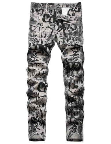 Men Graffiti Print Slim Straight Jeans