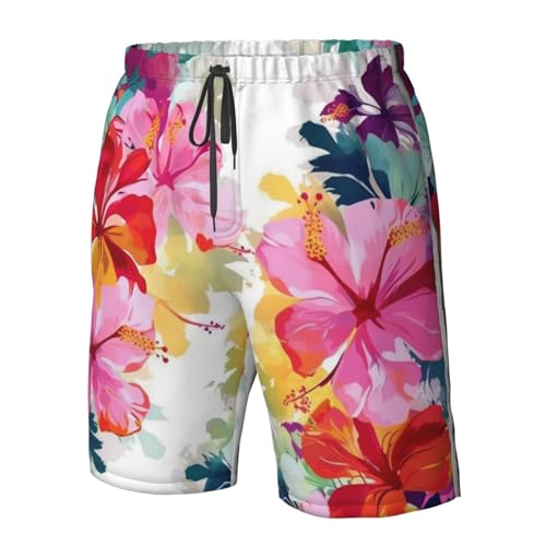 Hawaiian Flower Print Men's Swim Trunks Quick Dry Board Shorts with Pockets Casual Drawstring Beach Shorts4