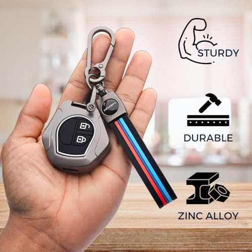 Image of KEYCEPT Metal Key Cover for Suzuki Swift, Dzire, Ertiga, Baleno, Grand Vitara, Celerio, WagonR, Brezza, Scross, Fronx, Jimny, Ignis 2 Button Remote Key Cover with Keychain (Long Keychain)
