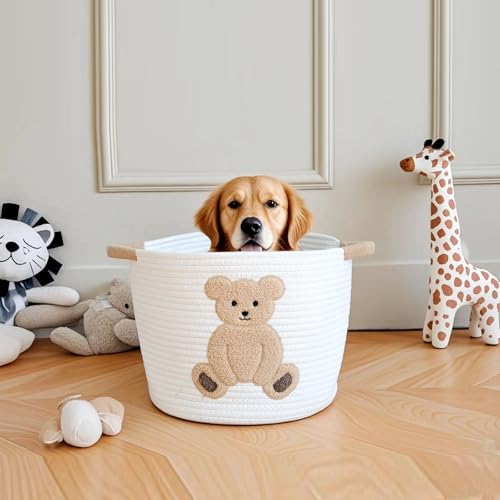 Image of Cotton Rope Basket Toy Storage Baskets for kids Laundry Hamper, Gift Basket Empty Baby Shower Baskets with Handles, Cute Bins Blanket Stuffed Animal Storage for Nursery, Living Room Decor, Bear