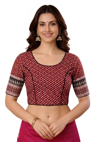 Image of Amazon Brand - Anarva Women's Printed Cotton Saree Blouse | Traditional Round Neck Elbow Sleeve Princess Cut Piping Blouse for Women | Ethnic Readymade Strechable Blouse