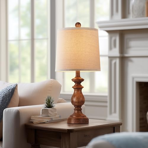 Image of PARTPHONER Traditional Table Lamp Set of 2, Rustic Farmhouse Table Lamps for Living Room Bedroom, 22 inch Bedside Desk Lamps Vintage Nightstand Lamps with Linen Shades, Wood Grain