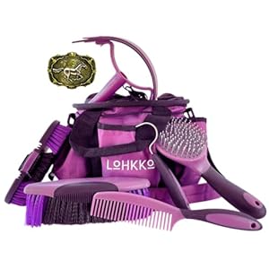 Horse Grooming Kit with added Belt Buckle, Organizer Tote Bag Tack Supplies, Hair/Curry Brushes, Hoof Pick, Sweat Scraper,Gift for Beginner Blue. Purple also available. (purple)