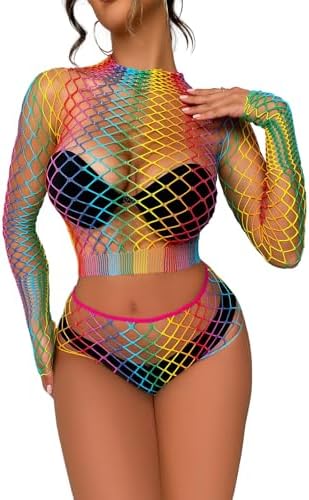 Women's Mesh Lingerie Fishnet Babydoll Mini Dress Bodysuit See Through Shirts Long Sleeves Lingerie Bodysuit Cover Up