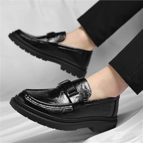 Men's British Korean Style Slip On Loafers Business Casual Leather Shoes Round Toe Handmade Wrinkled Texture Trendy Oxfords(Black,6.5)2