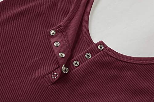 Womens Short Sleeve Button Down Shirts Low Cut Sexy Scoop Neck Fitted Ribbed Knit Henley Tops Wine Red #TOP4