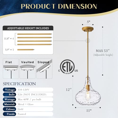 Image of 11 inch Clear Hammered Glass Pendant Light, Gold Finish, E26