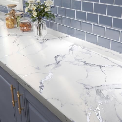 FunStick Thick Silver White Marble Contact Paper for Countertops Removable Marble Countertop Contact Paper Peel and Stick Countertops Waterproof White Marble Kitchen Wallpaper for Cabinets Counter Top