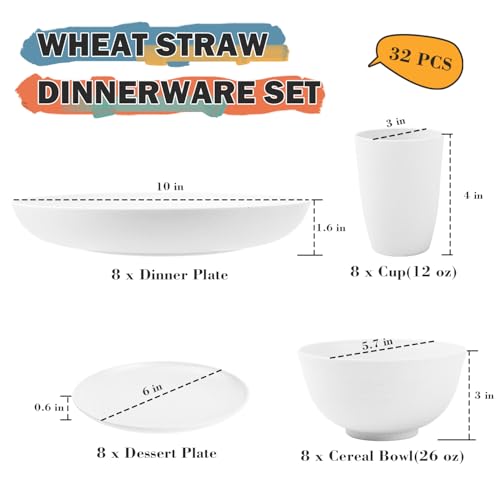 Image of Wheat Straw Dinnerware Sets Service for 8, 32 Piece Plates and Bowls Sets, Microwave & Dishwasher Safe Dishes, Perfect for Kitchen Camping Picnic RV Dorm - White