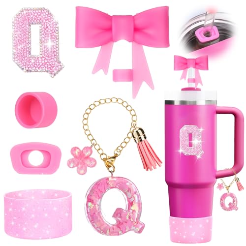 Image of Mity rain 6PCS Pink Cup Accessories for Stanley Cup 30oz 40oz - Tumbler Initials Decoration for Stanley, Including Silicone Straw Cover Cap and Boot, Spill Proof Stopper,Handle Charm, Sticker,Letter Q