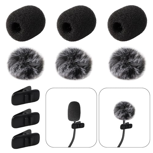 Maxqzin Mikrofon-Windschutzscheiben-Schaumstoffabdeckung, Mini-Mikrofonabdeckung, pelzige Windschutzscheibe & Schaumstoffabdeckungs-Set für Lavalier-Ansteckmikrofon, Mini-Schaumstoff-Mikrofon,
