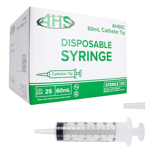 60mL Catheter Tip Syringe (25 Pack), Sterile, Individually Wrapped, Syringes for Liquid, Scientific Labs, Feeding Syringes for Pets, Measurement, Medicine, Dispensing, & Oral