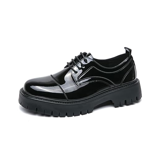 Men's Patent Leather Platform Oxfords Round Toe Lace Up Lug Sole Derby Shoes for Business Party Dress