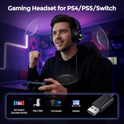 Image of AOC Gaming Headset, Black Wired Gaming Headphones with 50mm Drivers, RGB USB Corded Headphone for PC /Laptops, Over Ear Headset with Mic for PS4 /PS5 /NS Switch(Docked Mode), ACG2510