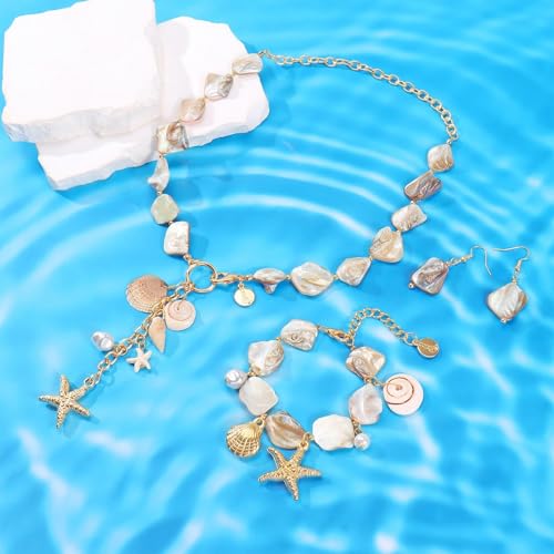 Image of Coiris Natural Seashell Choker Necklaces Earrings Jewelry Set for Women Starfish Shell Freshwater Pearl Collar Necklaces for Women Irregular Mother of Pearl Jewelry Set