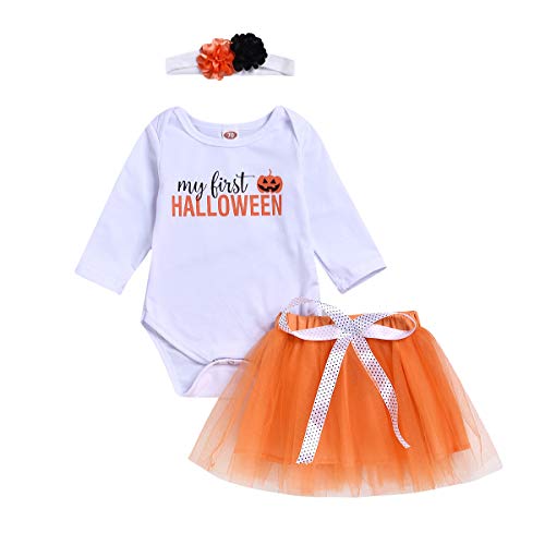 Infant Baby Girl Halloween Skirts Outfit My First Pumpkin Halloween Romper Onesie + Orange Tutu Skirts Fall Clothes Set (12-18 Months, My First Halloween Skirts)