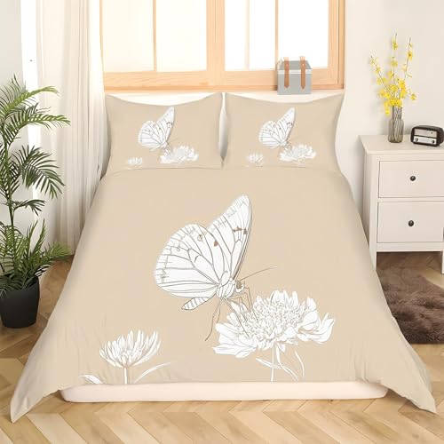 Housse de couette 220x240 papillon et fleurs avec 2 taies d'oreiller pour lit double