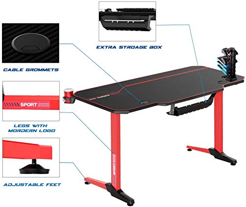 VIT 55 Inch Ergonomic Gaming Desk, T-Shaped Office PC Computer Desk with Full Desk Mouse Pad, Gamer Tables Pro with USB Gaming Handle Rack, Stand Cup Holder&Headphone Hook (55 inch, Red) - Thumbnail 4