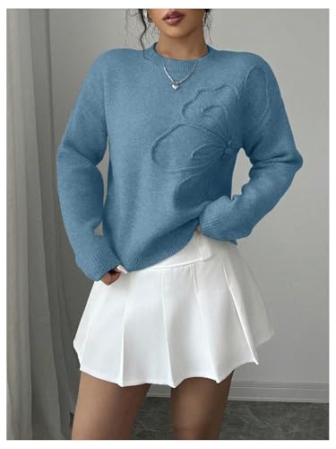 Image of RoseSeek Women's 3D Floral Appliques Crewneck Sweaters Long Sleeve Drop Shoulder Pullovers Elegant Knit Tops