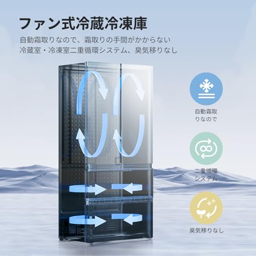 undefined COMFEE' 冷蔵庫 401L 大容量 インバーター搭載 幅70cm 自動霜取り フレンチドア 2段冷凍室 ファン式 省エネ 静音 家庭用 タッチパネル グレー RCF408LS1JP(E) の商品画像 2